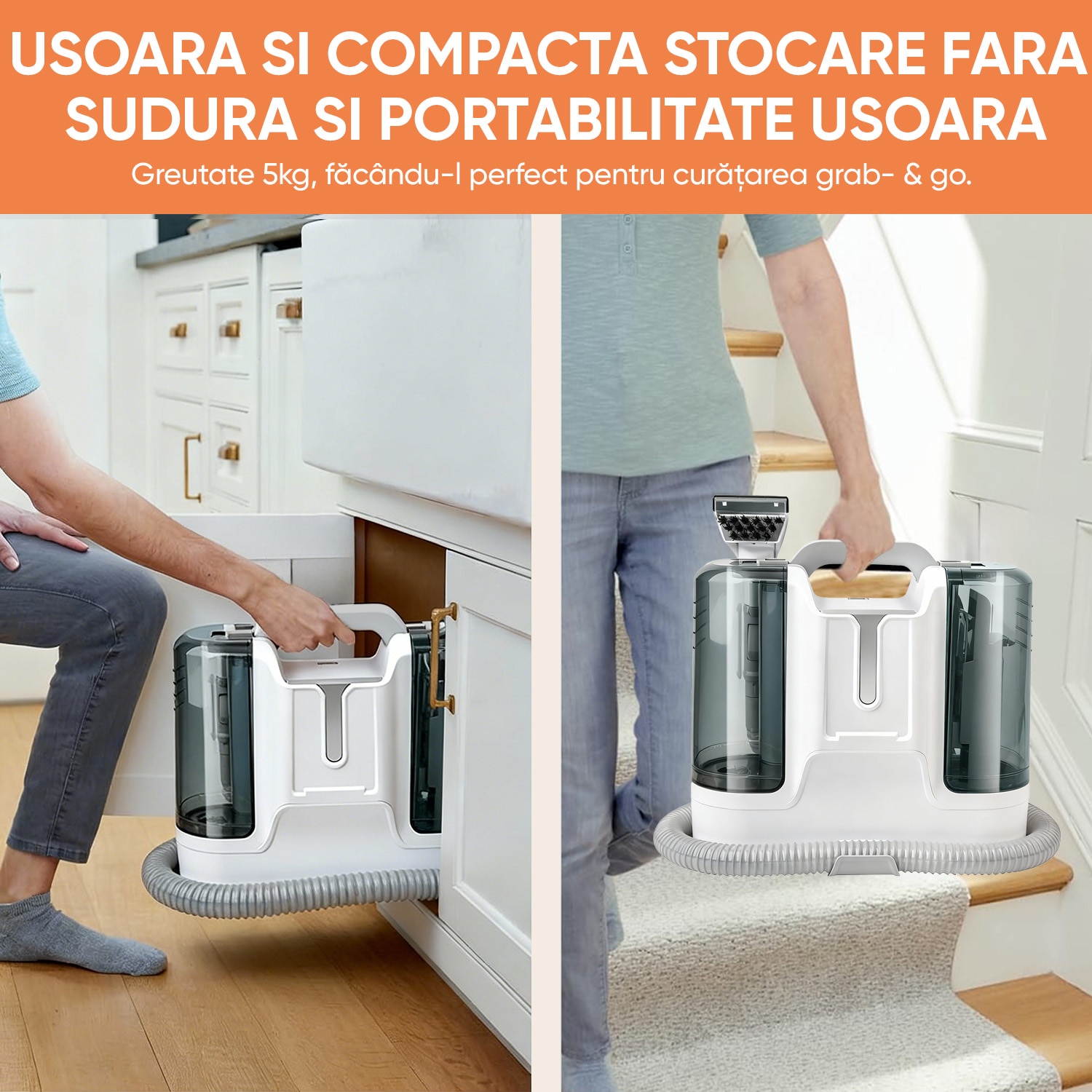 Aspirator Cu Spalare, Ultrixe, 3 In 1 Aspirator profesional cu Extractie, 450W, 12KPa, Rezervor Dublu 1.8L + 1L, Auto Clean, 6 Accesorii, Portabil, Pentru Auto, Canapea, Mocheta, Alb