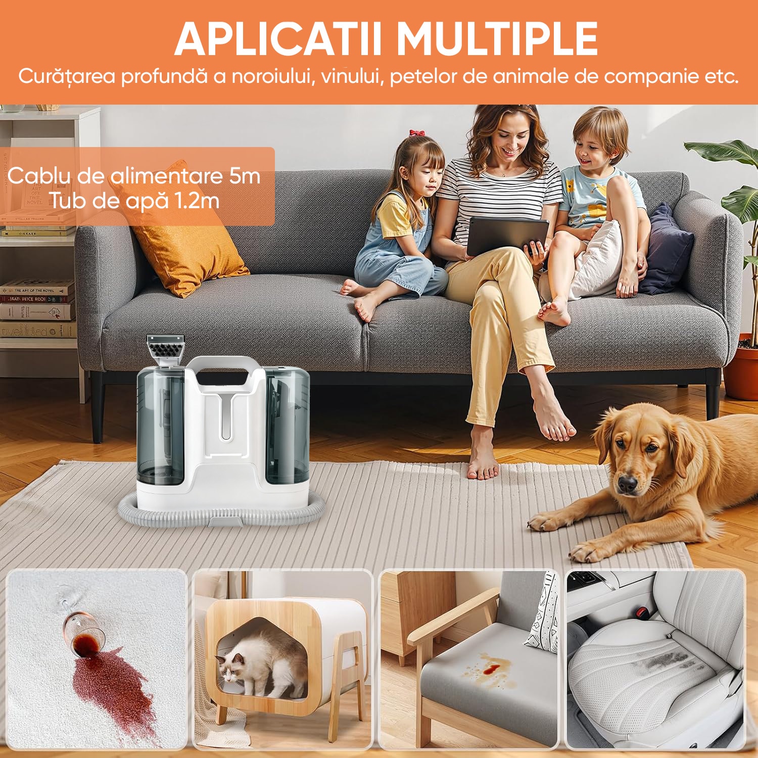 Aspirator Cu Spalare, Ultrixe, 3 In 1 Aspirator profesional cu Extractie, 450W, 12KPa, Rezervor Dublu 1.8L + 1L, Auto Clean, 6 Accesorii, Portabil, Pentru Auto, Canapea, Mocheta, Alb