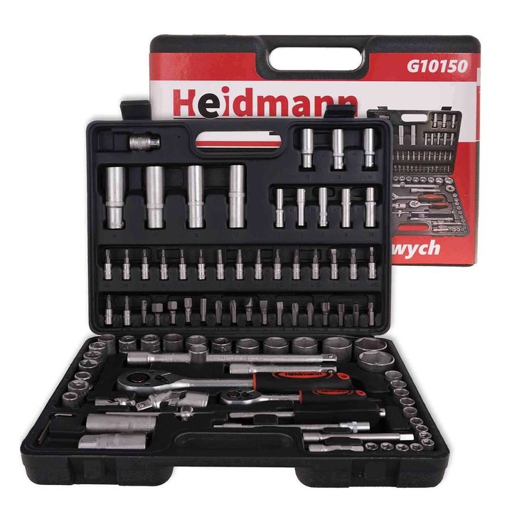 Trusa de scule cu tubulare si clicheti, HEIDMANN, 1/4, 1/2, 94 piese