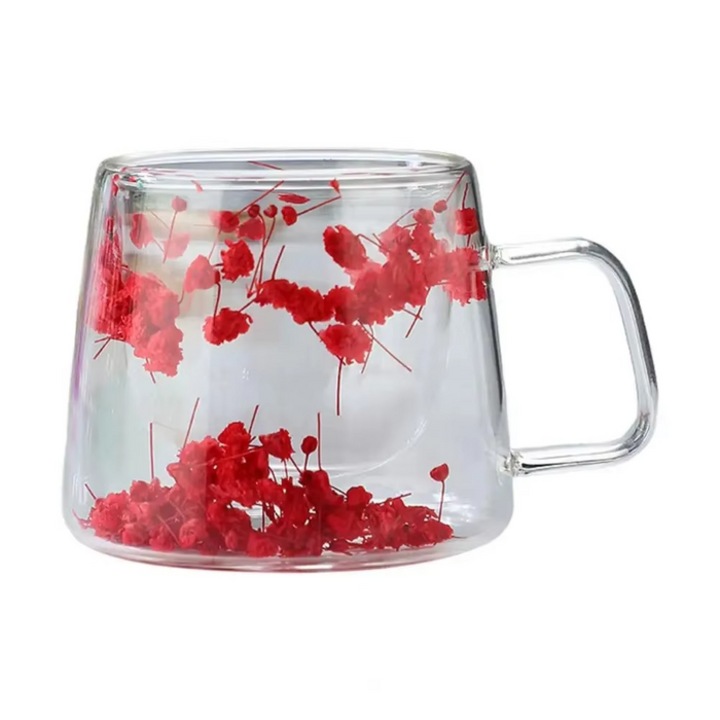 Cana termoizolantă din sticlă CupHup Blum cu fund dublu, Carnation
