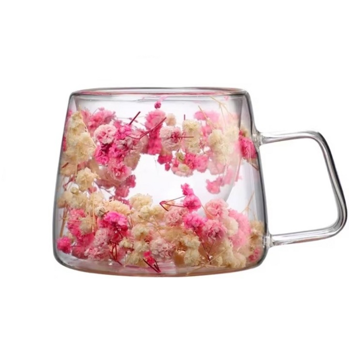 Стъклена термо чаша CupHup Blum с двойно дъно, Blush Rose