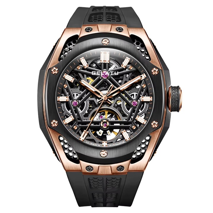 Мъжки часовник GELATU Casual Sport, Автоматичен, Силиконова каишка, Розово злато