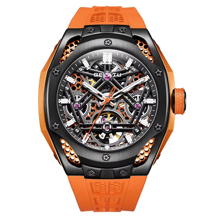 Мъжки часовник GELATU Casual Sport, Автоматичен, Силиконова каишка, Оранжев