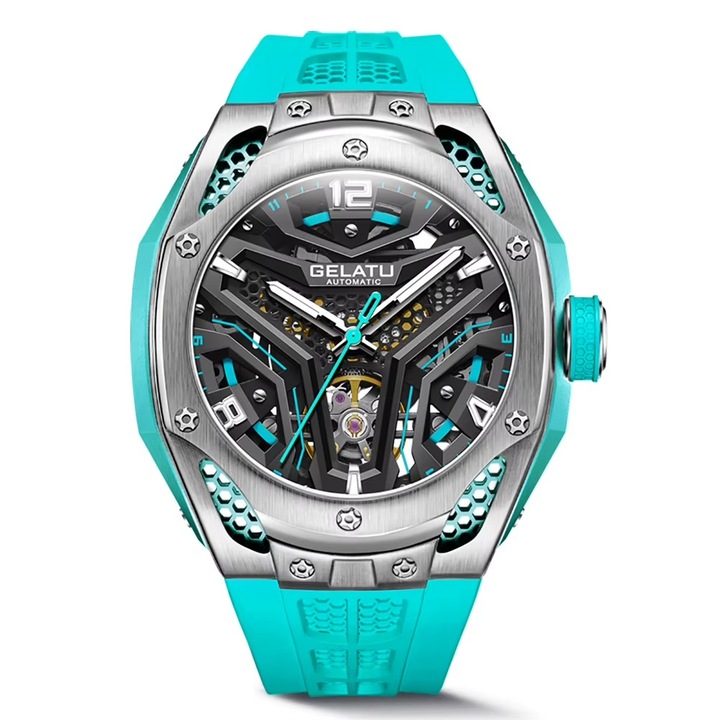 Мъжки часовник GELATU Luxury Sport, Автоматичен, Силиконова каишка, Син