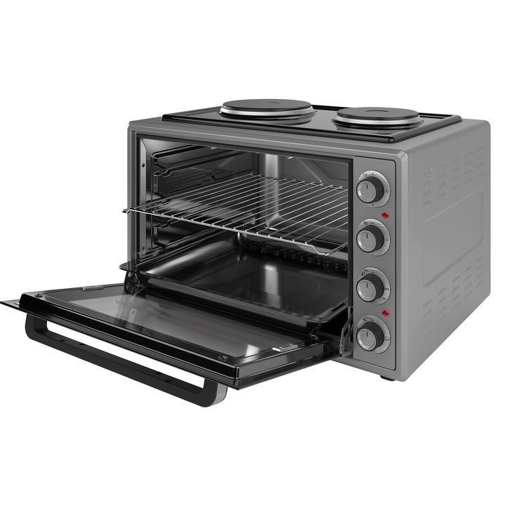 Готварска печка EMO65302G, 65L, 2000W фурна, 2 котлони (1000W + 1500W), с 3 нива, Скрит долен нагревател, Двойно стъкло, Подарък квадратна тава