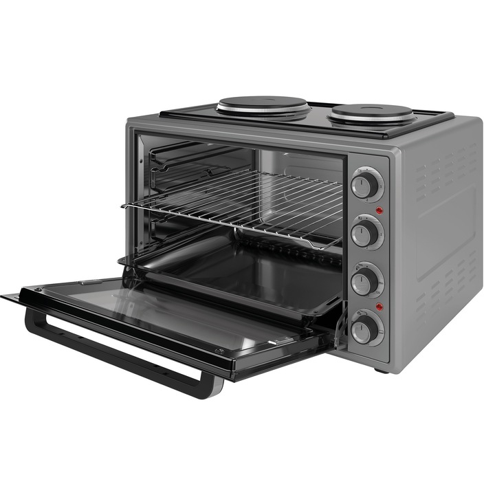 Готварска печка EMO70302G, 70L, 2000W фурна, 2 котлони (1000W + 1500W), с 3 нива, Скрит долен нагревател, Двойно стъкло, Подарък квадратна тава
