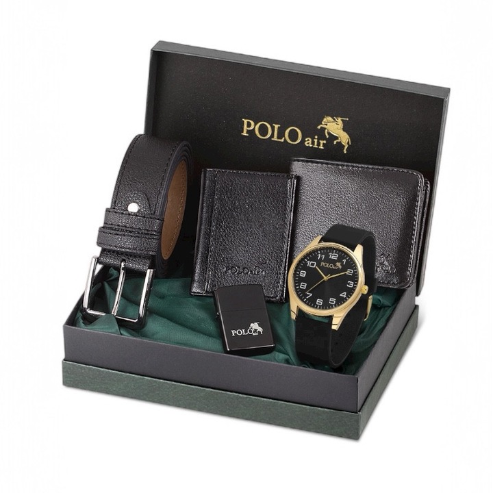 Мъжки подаръчен комплект, Polo Air, колан, портфейл, запалка, часовник, черен