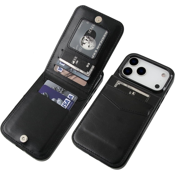 OUYLAF Pénztárca stílusú telefontok, iPhone 17 Pro Max-hoz, hitelkártya-tartó rekesszel, prémium bőr flip tok, mágneses záródás, állvány, tartós, 6,9", fekete