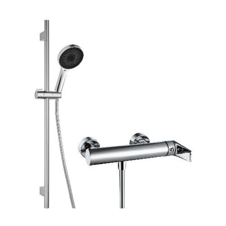 Set de dus Kielle, baterie montata pe perete, dus manual 130mm, crom/negru, 1500mm, 3 tipuri de jeturi