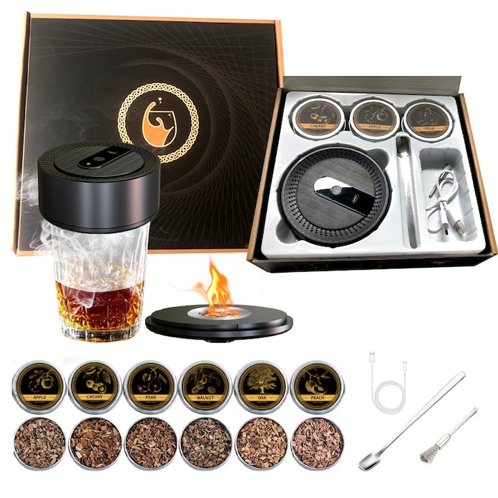 Комплект за опушване на уиски, OVERTANG, електрически, 6 вида дървени стърготини, компактен дизайн