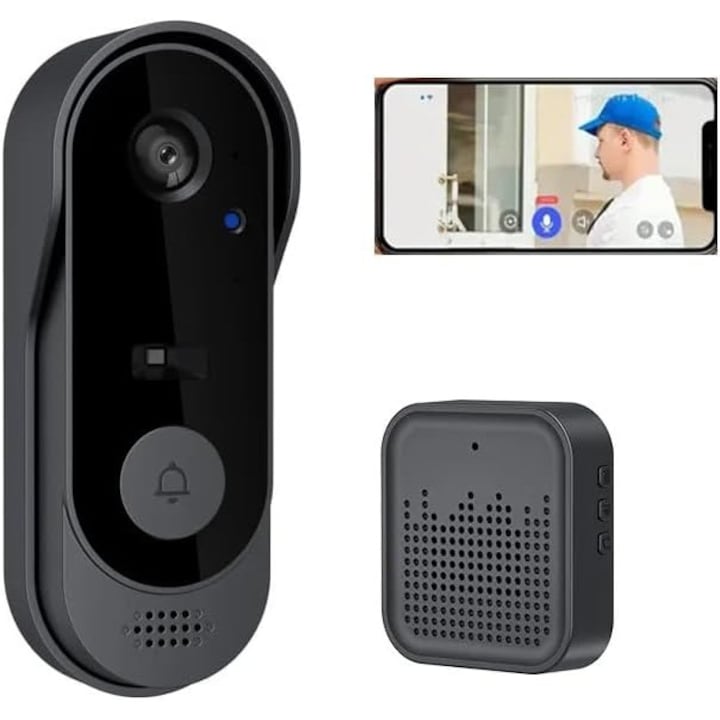 Безжичен звънец, Wacorresi, Интелигентен видео звънец, Видео предавател с нощно виждане, Включен приемник, WiFi, Контрол чрез мобилно приложение с известия и видео/аудио разговор, Двупосочна комуникация, IP65 водоустойчив, Черен