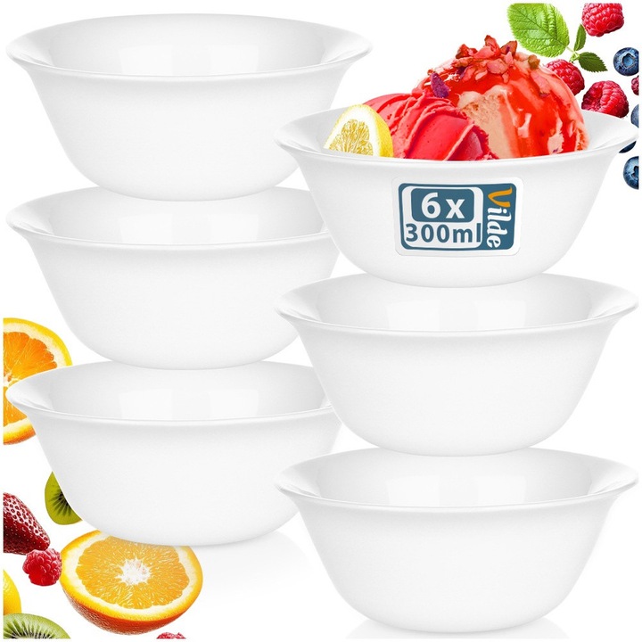 6 darabos üvegtálkészlet, Vilde, 300 ml, 13x13x5 cm, üveg, +100°C-ig hőálló, mosogatógépben és mikrohullámú sütőben is használható, kerek forma, fehér