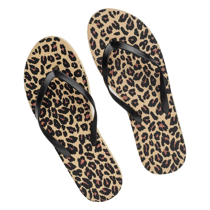 Papuci de plaja bej pentru femei cu model animal print și curea neagră, One Size INTL