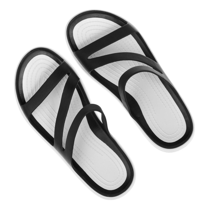 Papuci de plajă, talpă reliefată, curele negre, alb, One Size
