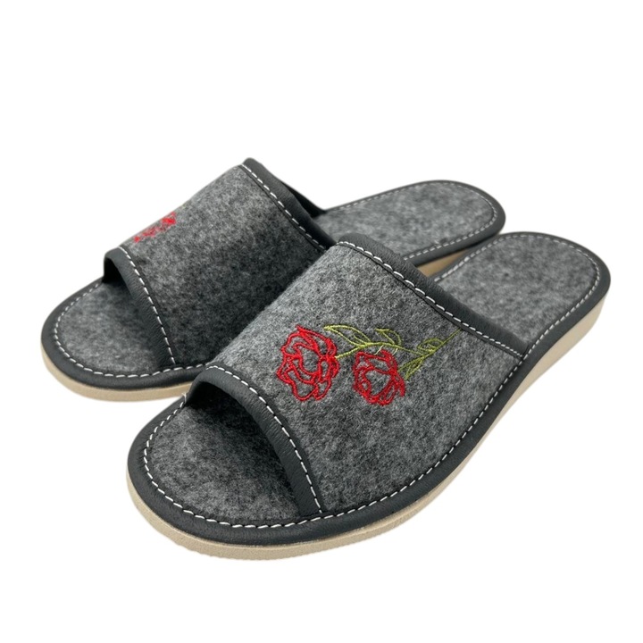 Papuci de casa femei KD-06-GR, pasla ecologica gri cu broderie rosie, slip-on, 39 EU