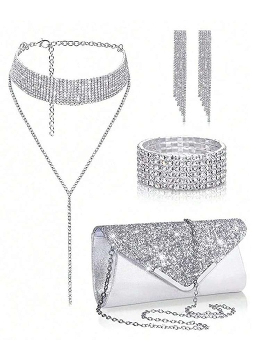 Set bijuterii argintii, colier, cercei, bratara, plic