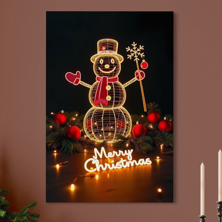 Tablou Canvas Premium, LuxCanva® D1105, Feerie de Sarbatoare, 80 X 120 CM, Panza Bumbac 100% 400g/m2, Sasiu, Lemn, Lumini, Craciun, Om de Zapada, Globuri, Rosii, Beteala, Luminite, Sarbatori, Plimbare, Strada, Parc, Copii, Living, Dormitor