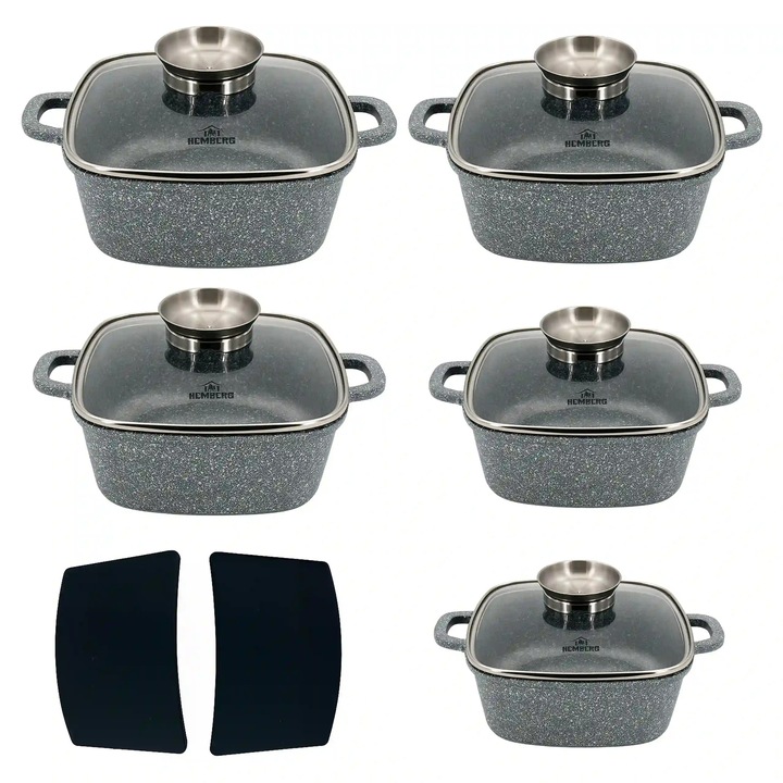 Indukciós edénykészlet 12 részes négyzetes kerámia-márvány bevonattal, 20–28 cm, 2.8–6.5 L – fedőkkel