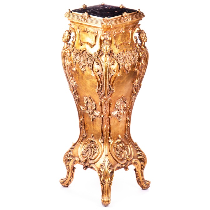 Piedestal sculptural baroc, finisaj auriu cu foita de aur si blat din marumura neagra