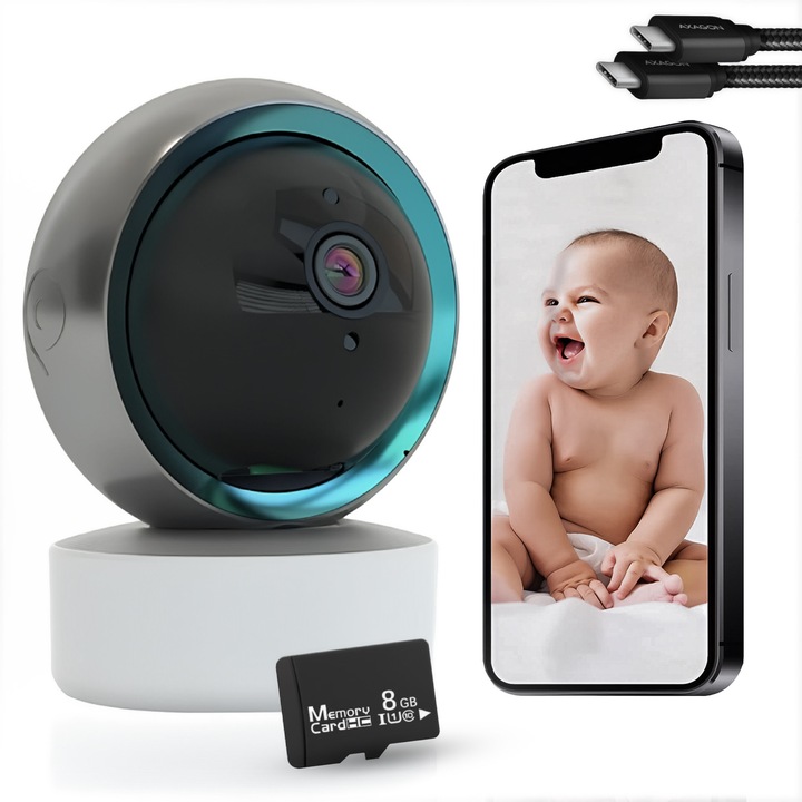 Безжична ротационна камера Full HD 1080p, видео аудио камера с въртене на 360°, инфрачервено нощно виждане, детекция на движение и звук, двупосочно аудио, WiFi, 4 потребители iOS/Android, облачно съхранение + 8GB карта