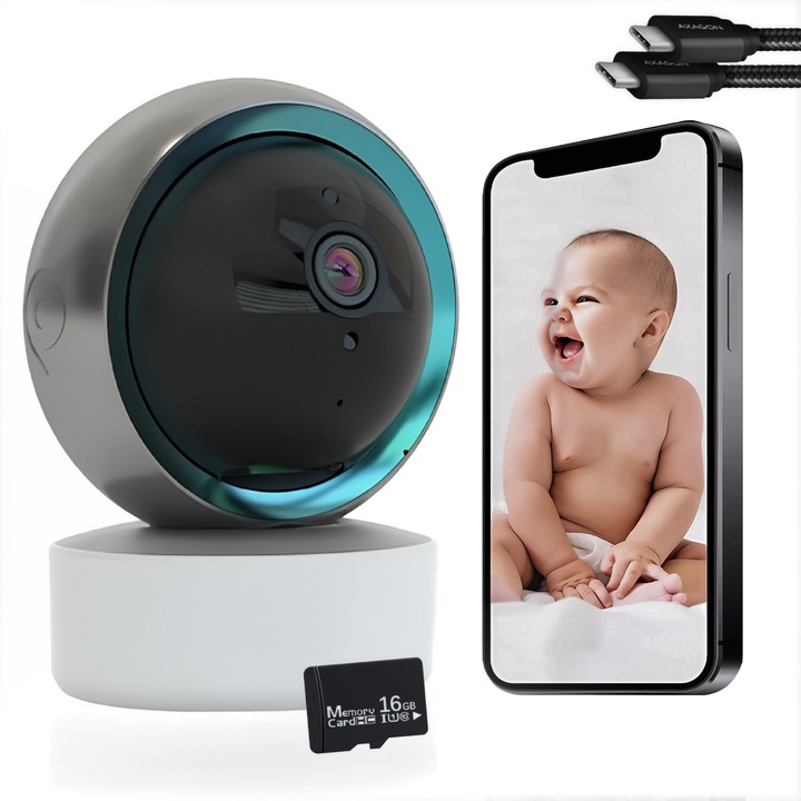 Camera Rotativa Wireless Full HD 1080p, Camera Video Audio cu Rotire 360°, Vedere Nocturna Infrarosu, Detectare Miscare si Sunet, Audio Bidirectional, WiFi, 4 Utilizatori iOS/Android, Stocare Cloud + Card 16GB