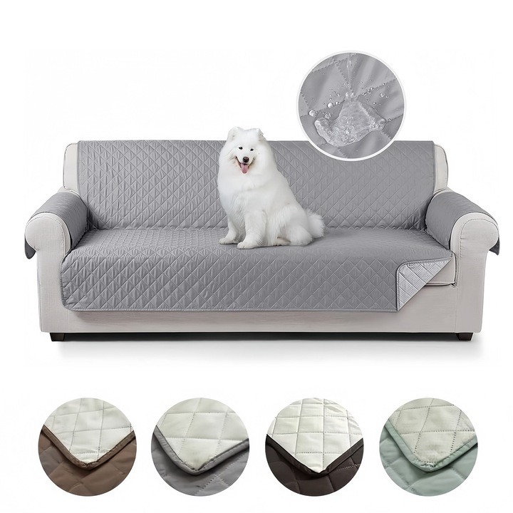 Капитониран калъф за диван 2 места, Wacorresi, Двулицев водоустойчив калъф за диван, противоплъзгащ, Защита на дивана за домашни любимци, кожени дивани и текстилни дивани, 251x202см, Сив