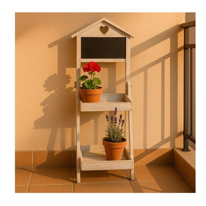 Vintage Fehér Fa Virágtartó Állvány Két Szinttel és Fekete Táblával, 36x29x80cm