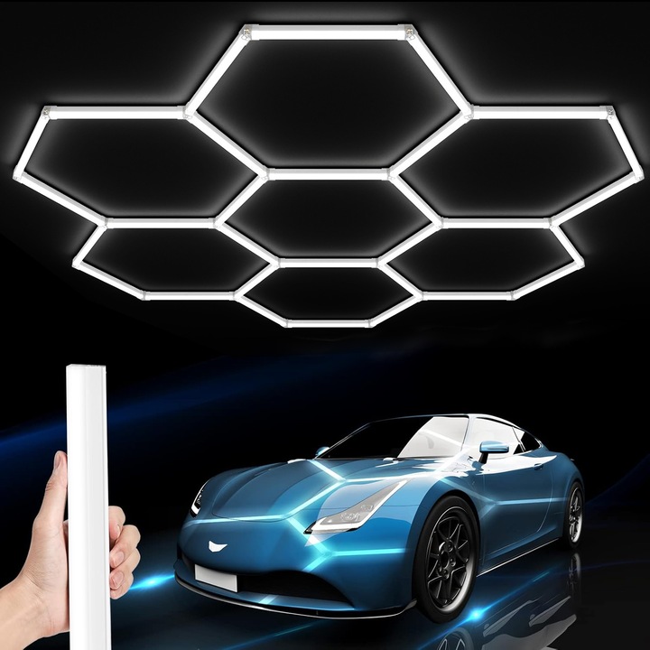 Lampa De Perete Led De Interior, Ultrixe, 6500K, Aplica LED Hexagon HoneyComb, 210W, 7 Hexagoane, Tavan/Perete, Pentru Garaj, Centru Comercial, Atelier si Atelier de Detailing Auto