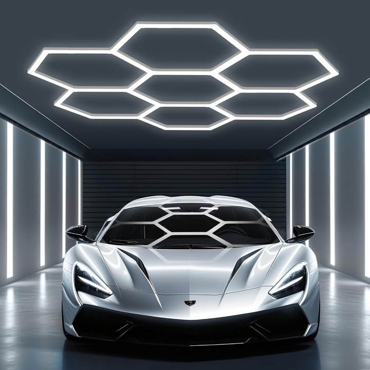 Вътрешна LED лампа за стена, Ultrixe, 6500K, LED аплик Шестоъгълна пчелна пита, 210W, 7 шестоъгълника, Таван/Стена, За гараж, търговски център, работилница и автосервиз за детайлинг