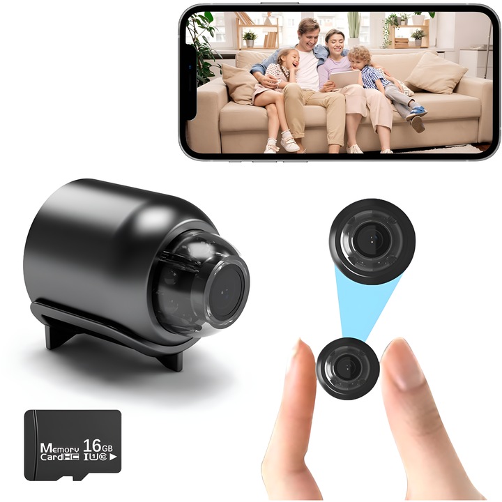 Mini Camera Spion WiFi Full HD 1080P + Card 16GB, Unghi 140°, Detectare AI Miscare Umana, Vedere Nocturna Infrarosu 10m, Aplicatie iOS Android, Alerte Push Instant, Dimensiuni 30x30x38mm, Supraveghere Casa Birou, Negru