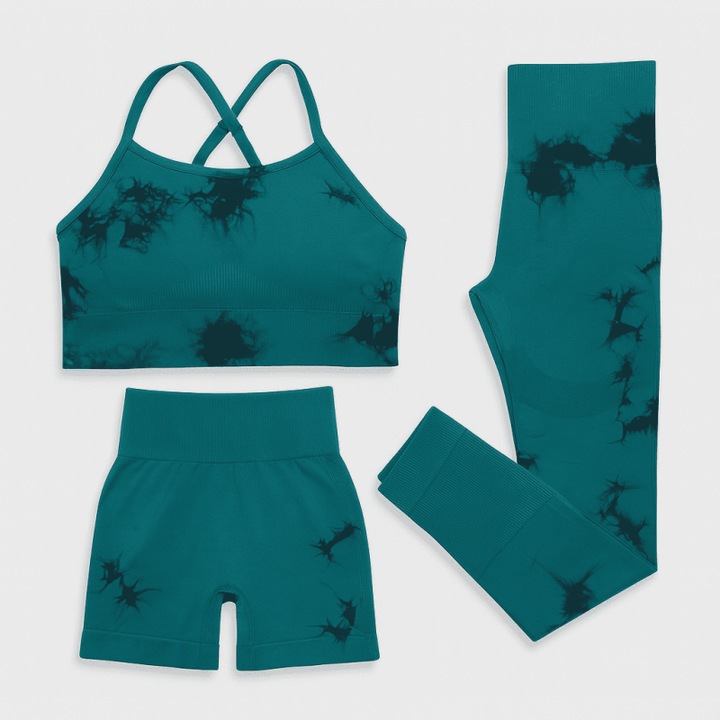 Set pentru sala Mixbo Tie-Dye din 3 piese, pantaloni scurti si colanti plus bustiera, verde/negru