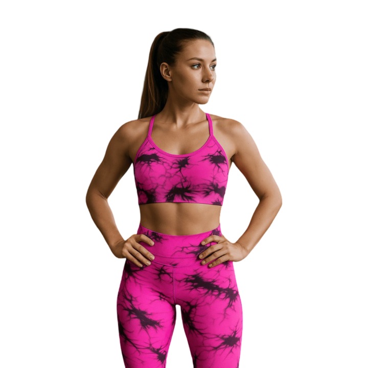 Set pentru sala Mixbo Tie-Dye din 2 piese, colanti si bustiera 2, Fucsia | Negru