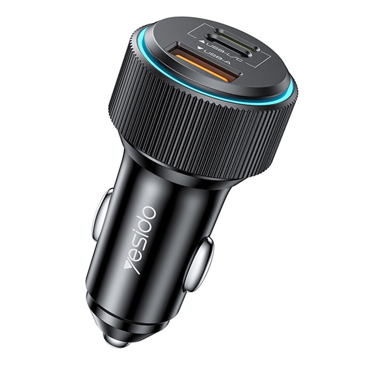 Yesido autós töltő – 3 portos Lightning + USB-A + Type-C, Type-C-Lightning kábel mellékelve, gyorstöltés 38W, kompakt kialakítás, fekete
