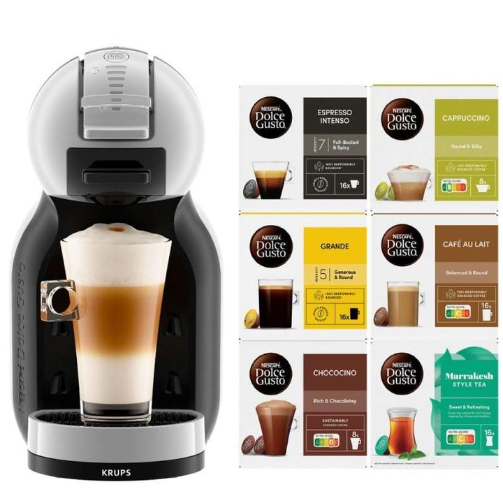 Krups Nescafe® Dolce Gusto® Mini Me KP123B10 kapszulás kávéfőző, 15 bar, 1500 W, 0.8 L tartály + 6 csomag ízesítőszett, szürke/fekete