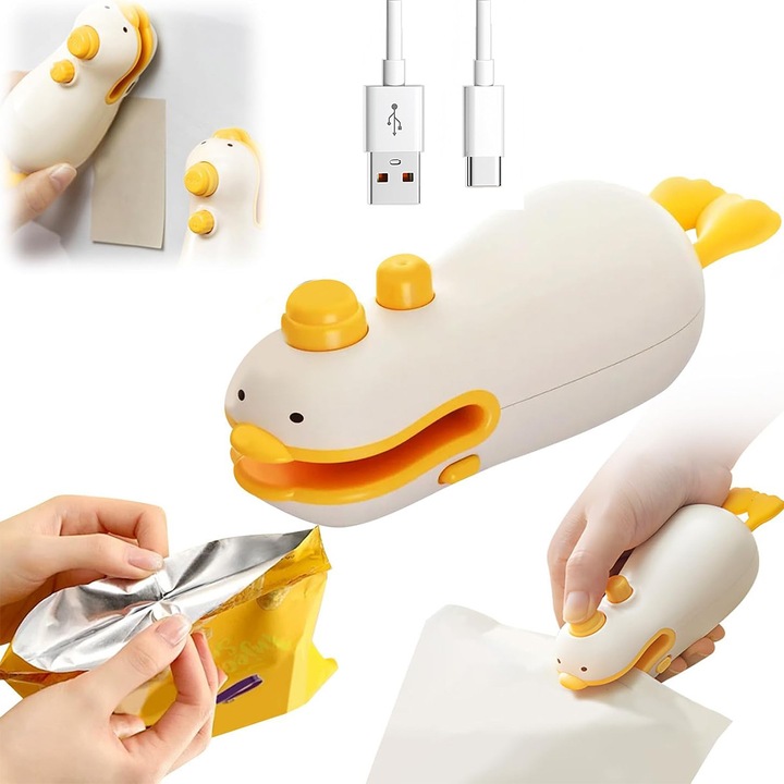 DUAIU 3 az 1-ben Mini Tasakzáró - Hőszigetelés, Vágás és Mágneses Rendszer, USB Újratölthető, Hordozható, Snackekhez, Chipsekhez, Cukorkákhoz és Élelmiszerekhez, Praktikus Konyhai Kütyü, Sárga