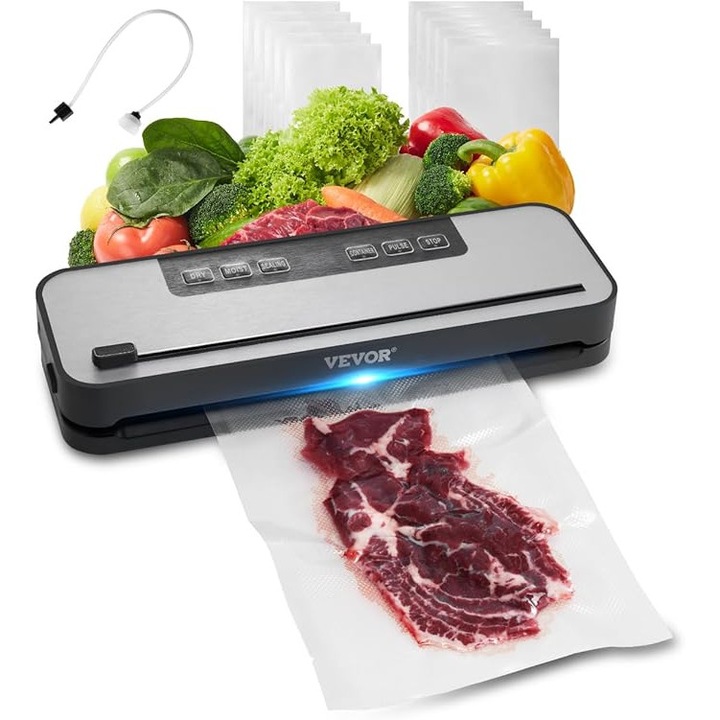 Aparat de vidat VEVOR, 60 KPa, 100 W, 5‑in‑1, pentru alimente, cu sistem automat de sigilare a aerului, cu taietor incorporat si 10 pungi pentru vid
