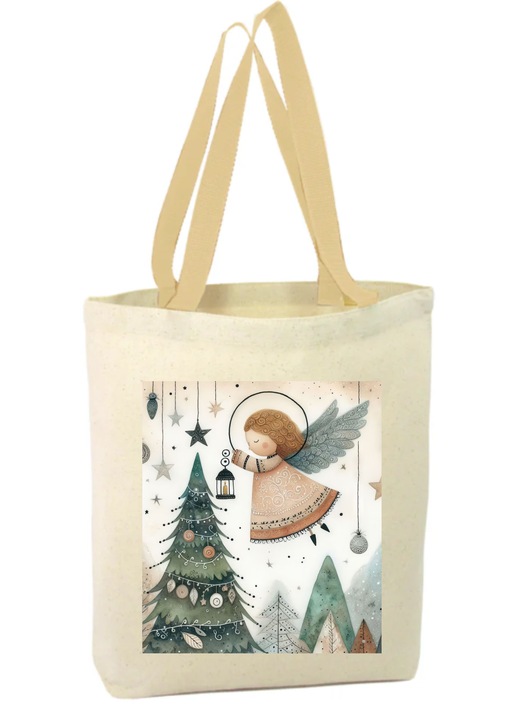 Vászontáska cipzárral, két füllel, ünnepi mintával, karácsonyfa angyalkával