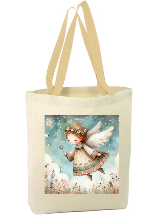 Vászontáska cipzárral, két fogantyúval, angyalos kép