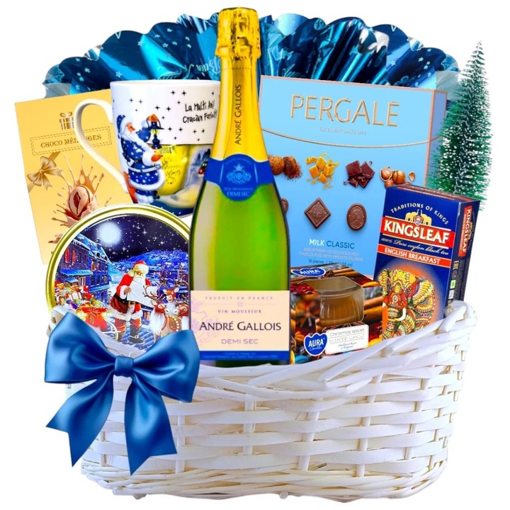 Cos Cadou Craciun Premium, model Christmas Star, cu Vin Spumant, Panettone, Praline Fine, Biscuiti Danezi, Ceai Aromat, Migdale Glazurate, Lumanare Parfumata, Cana, Decoratiune, Ideal pentru Familie sau Corporate, Gata de Daruit, by CADOURI RAFINATE ®