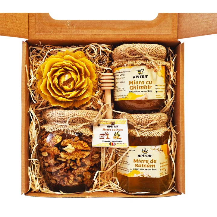 Set Cadou Apicol, APITRIF, Miere de Salcâm cu Nuci și Miere cu Ghimbir, Lumanare din Ceară de Albine, 4 produse