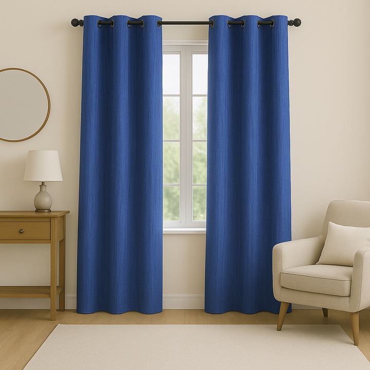 Draperie Safira Serenade, Living/Dormitor, Albastru Safir, Model Dashed, Fir de Plumb, Inele, Rezistente, Material Catifea - Poliester, Din 2 Bucati, Dimensiuni 450x220 cm, BravaCasa