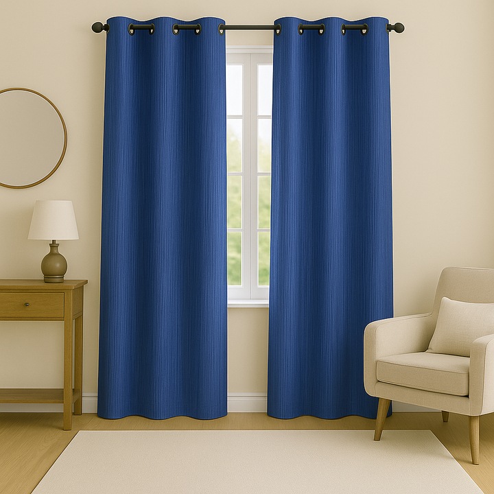 Draperie Azure Elegance, Living/Dormitor, Albastru Safir, Model Lines, Fir de Plumb, Inele, Rezistente, Material Poliester, Din 2 Bucati, Dimensiuni 450x220 cm, BravaCasa