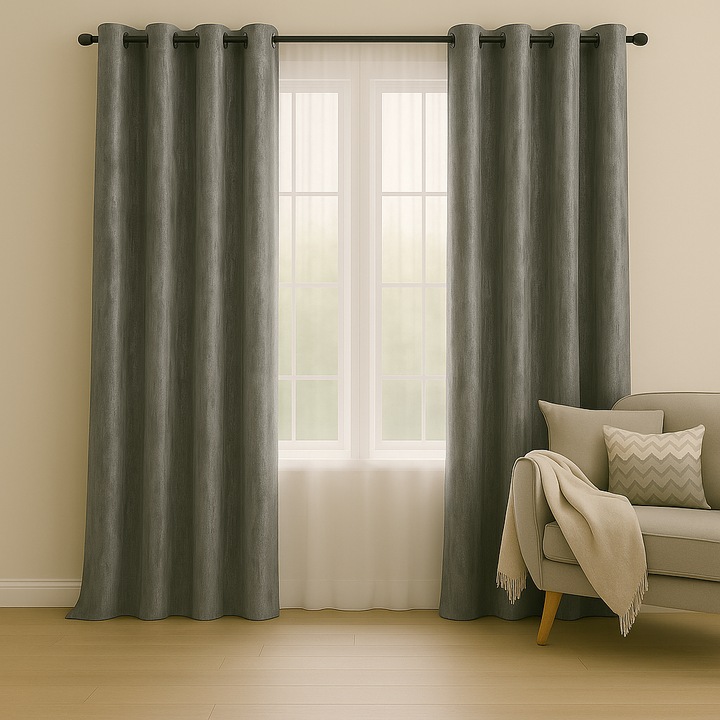 Draperie Gris Harmonie, Living/Dormitor, Gri, Model Lines, Fir de Plumb, Inele, Rezistente, Din 2 Bucati, Dimensiune Totala 350x220 cm, BravaCasa