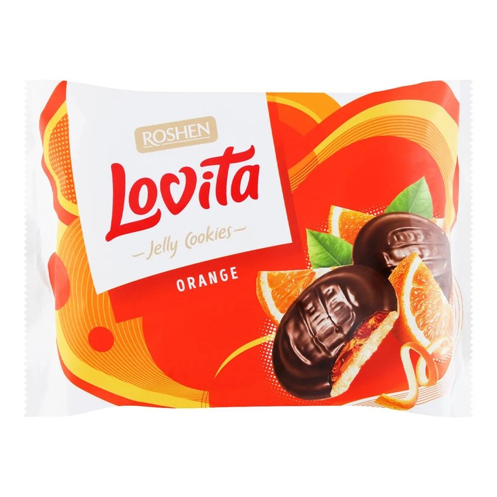 Biscuiti Lovita cu jeleu Portocala 420g, Roshen, combinatia de ciocolata fina si jeleu, ideal pentru cadouri