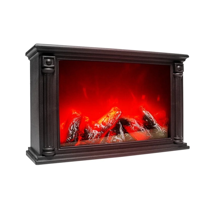 Semineu electric decorativ, tip veioza cu grilaj metalic, Lumina cu Simulare Flacari, Dimensiuni (LxH): 63, 5*36, 4 cm, Negru