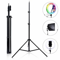 Trepied reglabil 2m Macvi® pentru camera foto(suport de telefon neinclus), si lampa circulara, suport profesional din aluminiu, prindere 1/4", ideal pentru vlogging, fotografie si live streaming