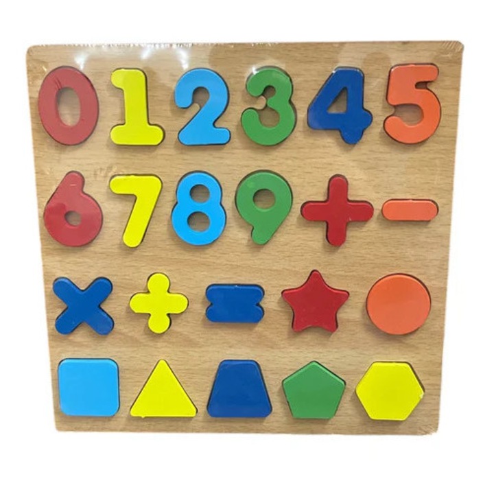 Puzzle educațional din lemn Montessori, set 22 piese, forme geometrice și cifre, culori vibrante