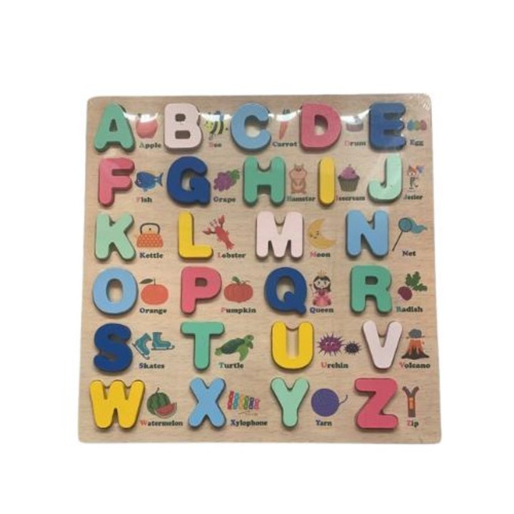 Puzzle Montessori din lemn cu litere, multicolor, set 26 piese, 30x30cm