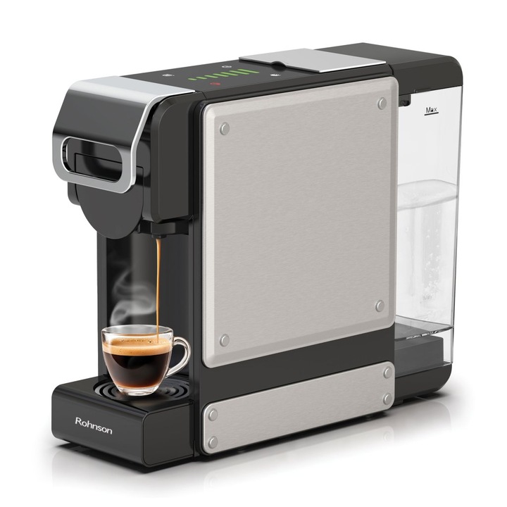 Espressor manual extra slim 2 in 1 (capsule, cafea macinata), Rohnson R98054, 1450 W, 19 bar, 1 L, 7 niveluri cantitate cafea, sistem de detartrare, ERP, oprire automata, negru/argintiu