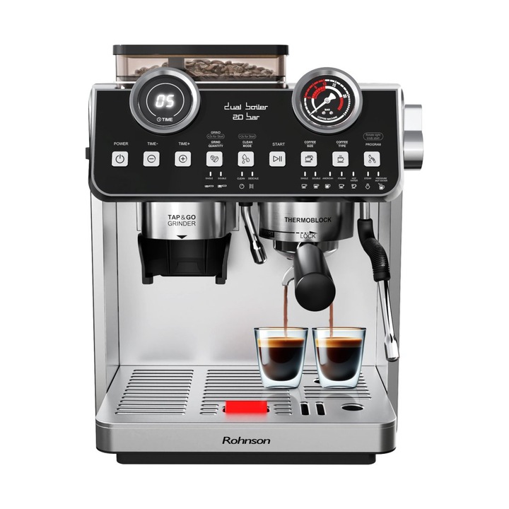 Espressor cu rasnita 2 in 1 Rohnson R98200, 2800W, cafea boabe 250g, putere macinare 150W, 2.2L, 20bar, tactil, 85dB, sistem control temperatura NTC, 30 nivele macinare